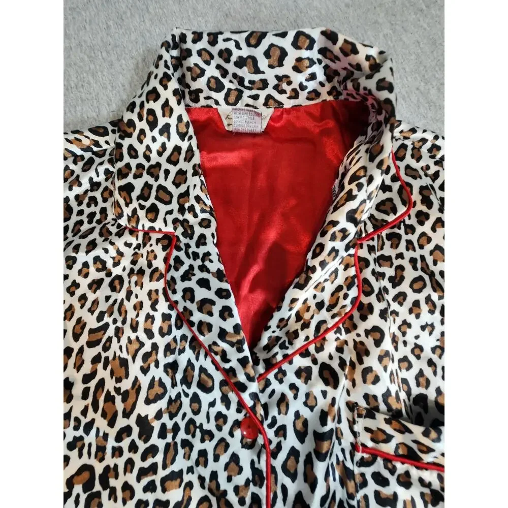 Kathryn Leopard Print Pajama Set XL Satin‎ Feel Red Trim Button Front Lounge